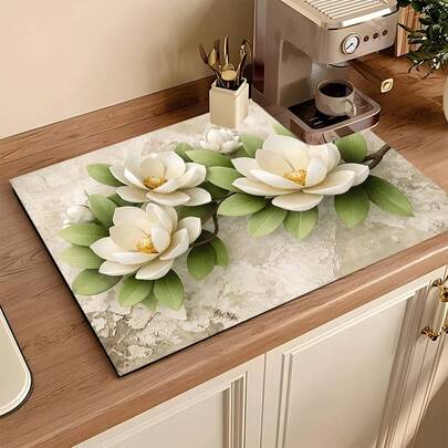 1pc Absorbent Drying Mat, Kitchen Decor Floral Pattern Coffee Machine Mat, Handmade Coffee Pot Draining Pad, Kitchen Floor Mat, Dining Table Mat, Kitchen Counter Dish Drying Mat, Breakfast Mat, Anti-Slip Heat-Resistant Draining Mat, Diatomite Draining Mat, Hides Stains, Super Absorbent Kitchen Mat, Easy To Clean Dish Rack Mat, Suitable For Kitchen, Dining Table, Coffee Shop, Bar, Holidays, Parties, Home Decor, Holiday Gifts
