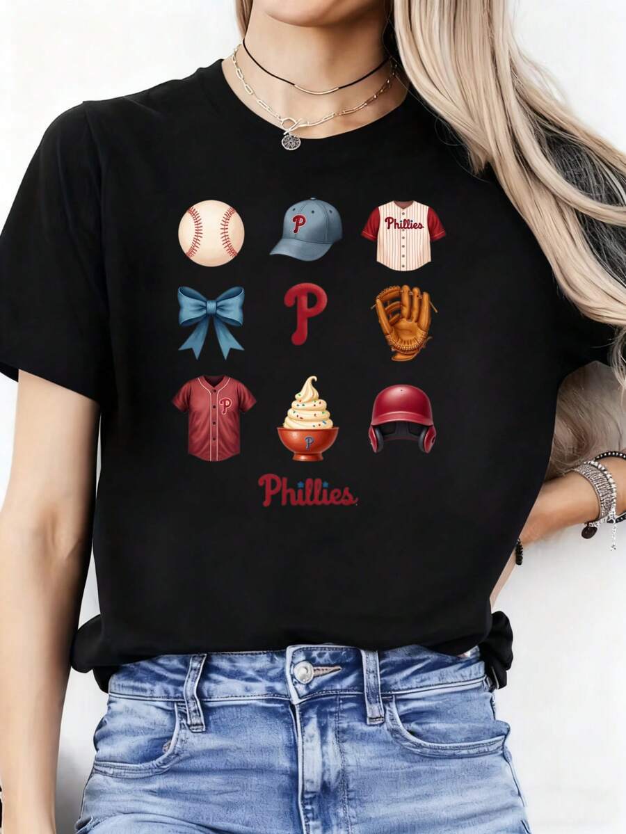 New Women's Fashion Casual T-Shirt Phillies Women's & Girls T-Shirt, Watercolor Baseball Graphic Tee, Philly Fan Shirt, Matching Mom And Daughter Outfits – White Or Ivory - màu đen - Xem 1