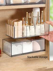 1 pieza Caja de almacenamiento con espejo, organizador de maquillaje con cajón, organizador colgante de tocador para baño, apto para escritorio, sala de estar, tocador de dormitorio, para guardar cosméticos, controles remotos, papelería, etc. - transparente - Ver 6