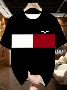 Plus Size Men's Plaid Color Block Printed Short Sleeve Set, 3D Graphic Round Neck Top, Elastic Breathable Polyester, Casual Sporty Style, Plus Size Loose Fit, Suitable For Daily And Gathering Occasions - Black - View 3