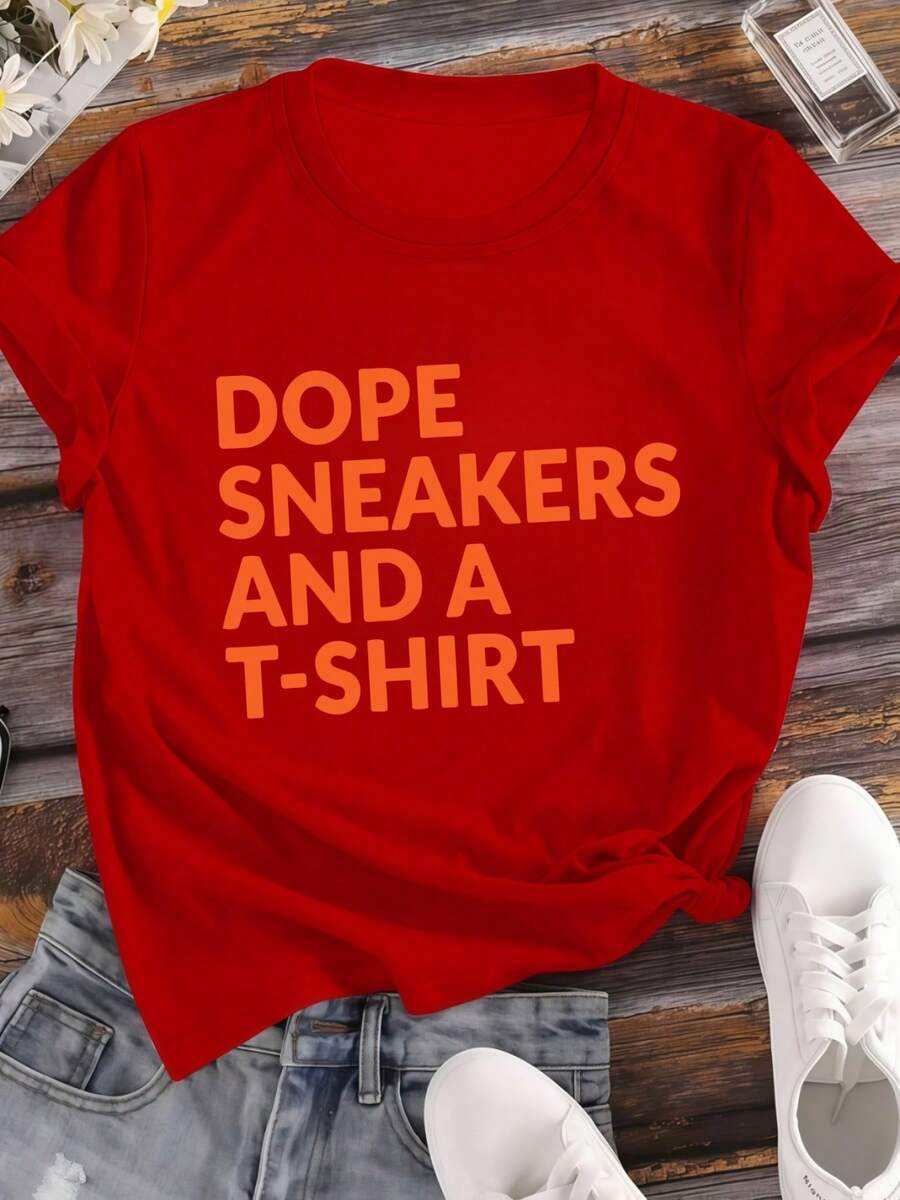 Dope Sneakers Graphic Print T Shirt 220g Casual Style 1pcs Women's 100% Cotton Tee Short Sleeve Summer Outfit - 紅色 - 查看 1