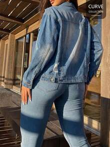 Plus Size Women Long Sleeve Pocket Button Vacation Distressed Denim Jacket Casual Spring - Medium Wash - View 4