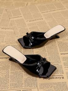 Giày sandal cao gót mũi vuông màu đen thắt nơ dành cho nữ, kiểu dép hở gót đa năng thoải mái cho mùa hè. - màu đen - Xem 3