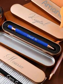 Customized Text Touchscreen Ballpoint Pen Box Set, Rectangular Tin Pencil Case, Stationery Box With Connected Flip Cover - Gold - View 6