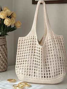 Summer New Fashion Women Daily Lightweight Hollow Turtle Pattern Knitted Tote Bag, Large Capacity Shoulder Bag, Suitable For Shopping, Travel, Outdoor And School. Multifunctional Storage Commuter Hobo Bag, Suitable For Beach Vacation Or Easy Carrying - Beige - View 3