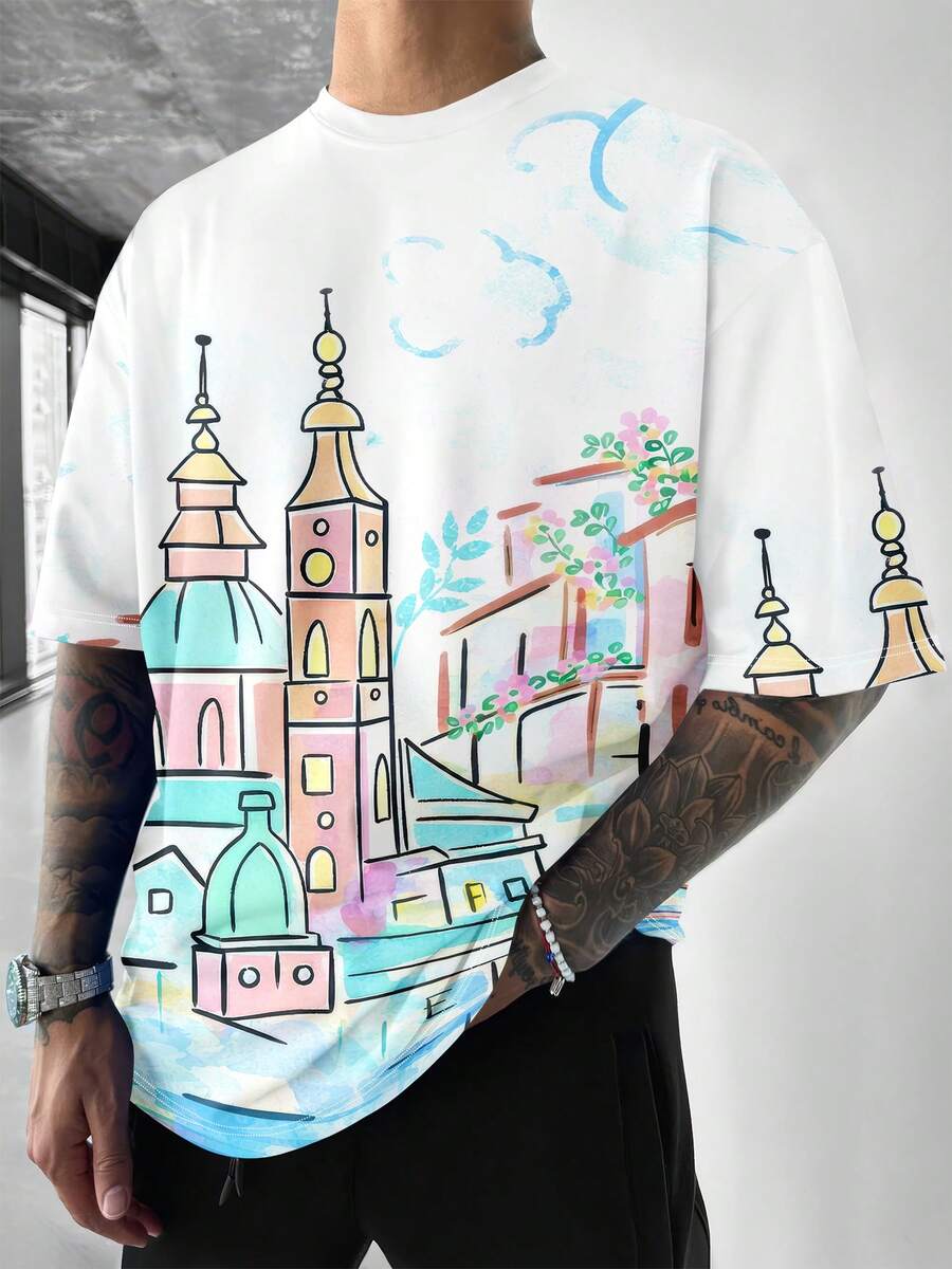 Áo thun nam tay ngắn, vai rớt, in hình phác thảo - Nhiều màu - Xem 1