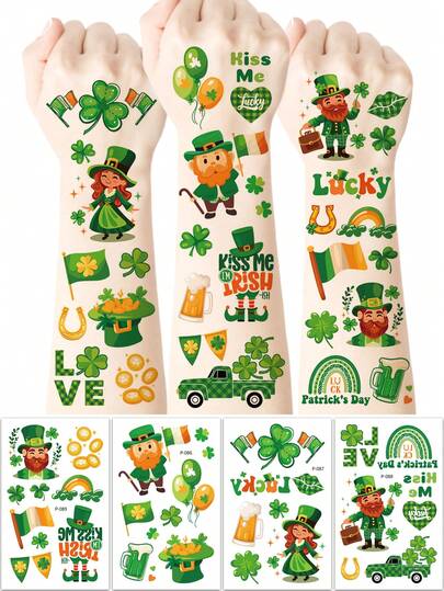 8张圣帕特里克节临时纹身贴纸，爱尔兰节日三叶草爱尔兰国旗绿色三叶草节日庆祝图案，防水防汗派对装扮临时纹身贴纸