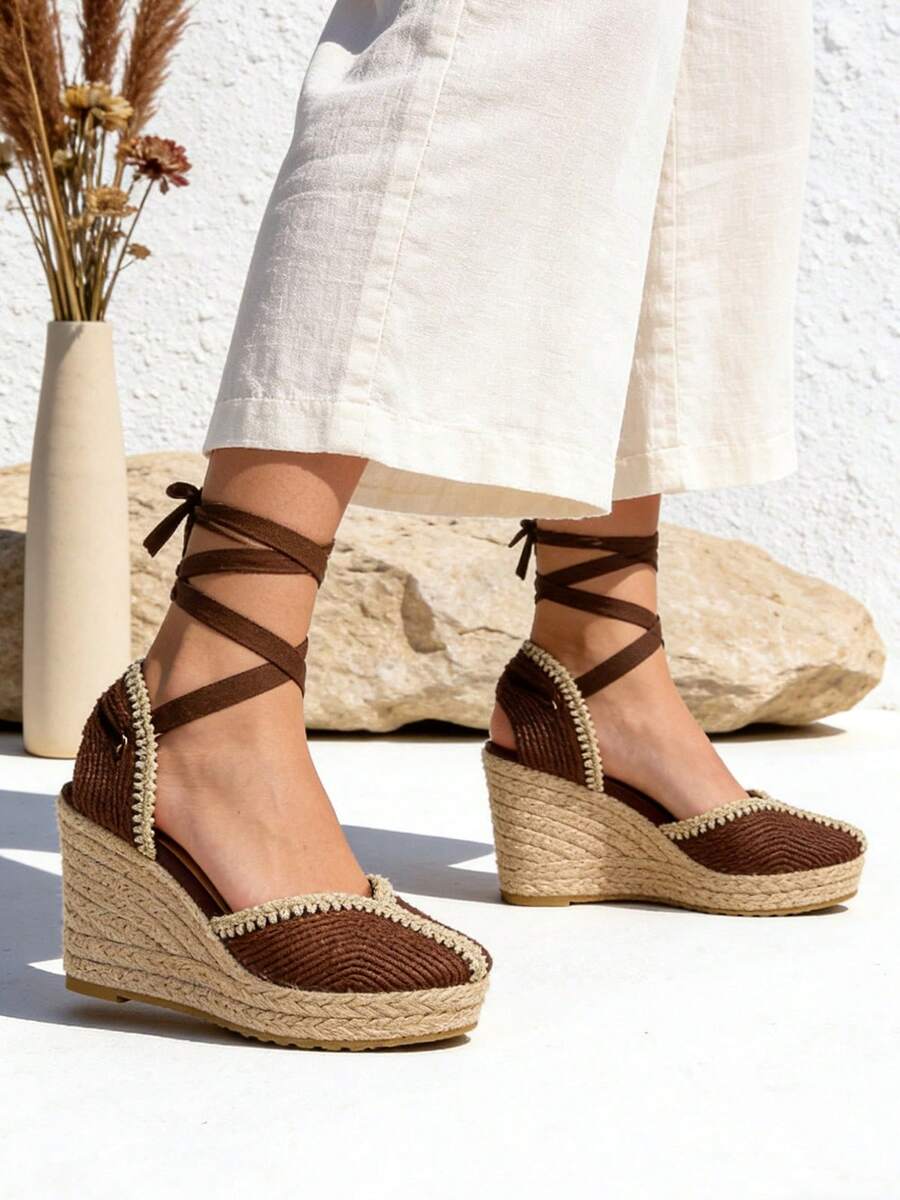 Sandalias alpargatas con plataforma y cuña alta para mujer con tiras cómodos de plataforma alta y cuña bohemia en color trenzado de mimbre sandalias de yute ideales para el trabajo descanso y vacaciones versátiles para uso diario - Marrón Mocha - Ver 1