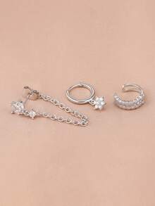 3件套精美锆石花朵流苏链耳钉，女士简约穿孔耳环，耳夹式时尚饰品 - 3Pcs for One Ear - 查看 4