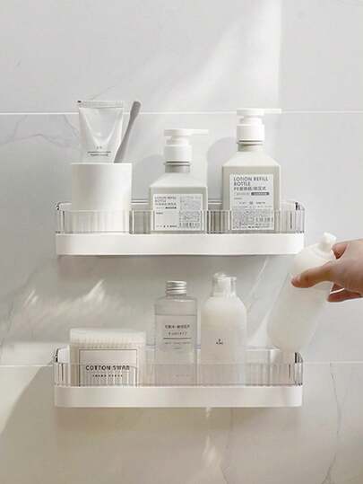 1pc PS Bathroom Storage Rack, Modern Wall Mounted Punch-Free Shelving Storage Unit For Bathroom Laundry Bathroom Accessories