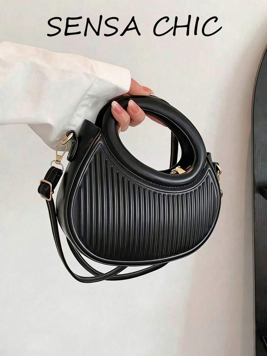 Classic Minimalist Design Gentle Lady Commute/Date Shoulder/Crossbody Bag, Striped Embossed Handbag, Fashionable Round Crossbody Bag With Dual Handles, Innovative Women Wallet - Black - View 1