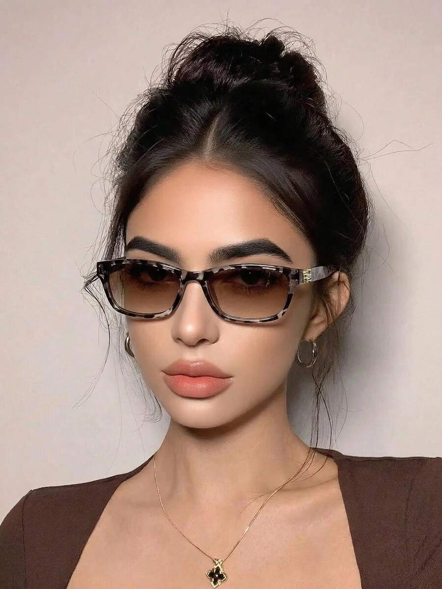 Leopard Print Sunglasses, Retro Rectangular Small Frame Plastic Fashion Glasses, Classic Style For Outdoor Travel Beach Vacation Casual Wear, Summer UV Protection Driving Sunglasses Unisex - Multicolor - View 1
