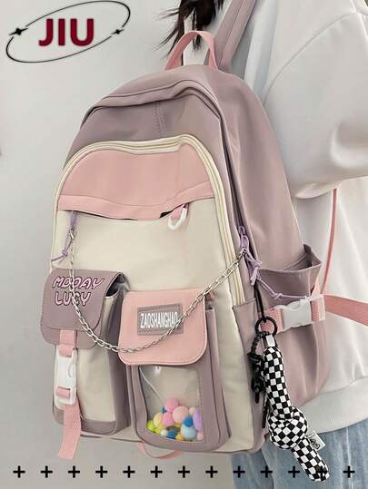 Multi-Compartment Preppy Color-Blocked Nylon Backpack Women Purse; A Laptop Backpack That Can Hold A 15.6-Inch Laptop; Multi-Pocket Lightweight School Bag; Large-Capacity Travel Bag; Multifunctional Book Bag; Convenient Commuter Day Bag For Students, Junior High School, High School, Nurses, Teachers, Business People, Travel And Vacation, Business Trips, Daily Commutes, Shopping, Office, Dating, Hiking, Training, Work, Birthday Gifts, Holiday Gifts,