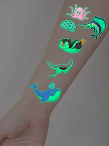 Glow-In-The-Dark Ocean Creatures Temporary Tattoos Stickers - 5 Sheets With 55 Cute Cartoon Fish, Shark, Whale, Dolphin, Turtle, Seahorse, Octopus & Starfish Designs - Perfect For Birthday Parties & Fun Art Projects - Multicolor - View 5