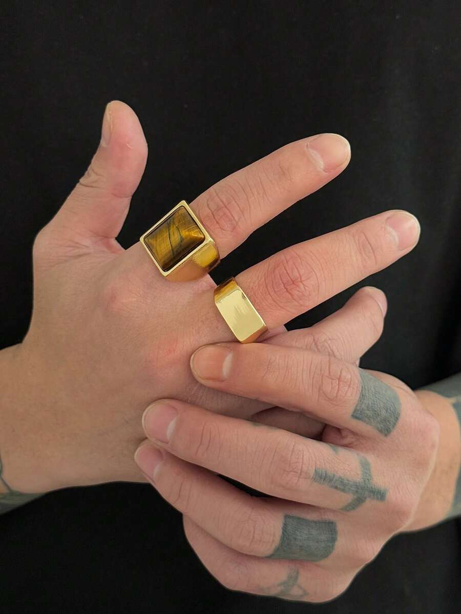 2件套复古几何宝石镶嵌方形戒指套装，叠戴设计，休闲简约，适合街头、派对、婚礼、日常佩戴，男女皆宜的时尚礼物 - 戒指 - 查看 1