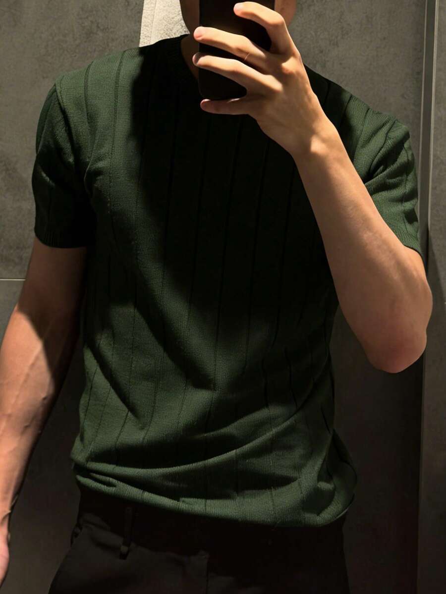 Suéter de punto fino holgado de manga corta con cuello redondo acanalado para hombre, primavera/verano