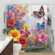 [Colorful Shower Curtain] Vibrant Colorful 1pc Butterfly And Flower Shower Curtain | Metallic Silver Background - 1 cái-Rèm tắm - Xem 2