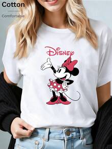 (Loose Version)Women's Cute Disney Minnie Mouse Print Short Sleeve Round Neck Regular Fit Cotton T-Shirt, Medium Stretch Everyday Top Short-Sleeved Round Neck Casual Shirt Necessary In Summer, Suitable For Summer And Spring, Holiday Gift Party Clothing, Ladies' Clothing. - 白色 - 查看 1
