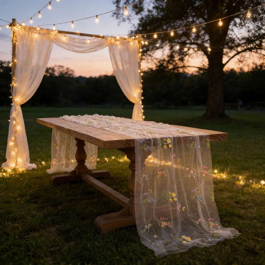 10ft/118inch Embroidered Daisy Spring/Summer Table Runner, Floral Seasonal Sheer Table Cloth For Holiday Kitchen Dining Table Decor, Suitable For Home Parties, Indoor, Can Be Trimmed For Dress, Table, Kettle, TV, Desk And Chair Decoration, Perfect For Country-Themed Events - White - View 1