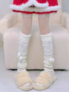 1 Pair Of Women's Knitted Wool Socks For Women With Pom Pom, Mid-Long Tube Over Knees, Autumn And Winter, Suitable For Home Wear, Cozy CAPR - White - View 5