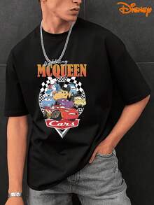 Disney Men's Casual T-Shirt, Cars Character Badge All-Over Print, Nostalgic Cartoon Design, Comfortable Fit, Perfect For Disney Fans & Casual Outfits - màu đen - Xem 2