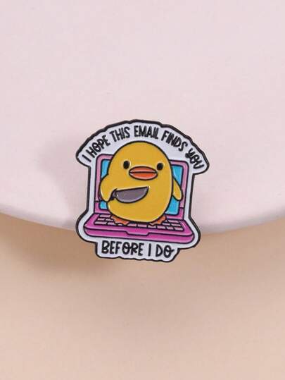 I Hope This Email Finds You Before I Do Enamel Badge, Black Humor Meme Design With Knife-Wielding Rubber Duck, Innocent Expression And Funny Text On Pink Laptop, Perfect Accessory For Office Workers, Email Anxiety Sufferers, And Company Meme Enthusiasts