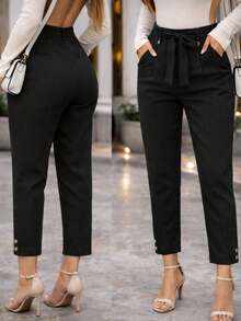Women's Skinny Linen High-Waisted Trousers With Slash Pockets And Front Tie – Elegant Formal Style, Modern Tailoring, Chic Fitted Cut For Work, Events, And Sophisticated Casual Fashion Looks - 黑色 - 查看 1