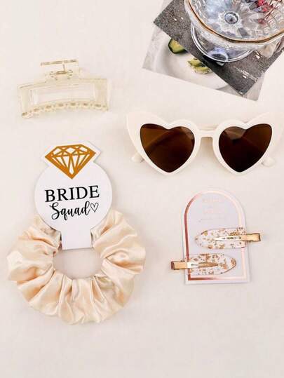 Set de 4 piezas de regalo para damas de honor - Pasadores para el cabello, Scrunchies, Pinzas para el cabello, Gafas, Novia, Boda, Despedida de soltera, Suministros para despedida de soltera, Decoración de boda, Accesorios de boda, Fiesta de novia, Suministros para fiestas, Regalo para damas de honor, Recuerdos de boda, Accesorios para el cabello de satén suave, Regalos de boda para damas de honor