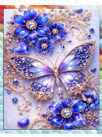 成人蝴蝶花卉钻石画套装，成人蝴蝶钻石画套装，5D钻石画，DIY圆形全钻宝石工艺品，家居装饰礼品