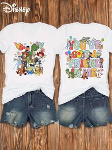 Disney Circle To Print Toy Story, Front And Back Prints, Soft And Elastic Casual Short Sleeved Top, Fashionable Short Sleeved Round Neck T-Shirt, Women's Clothing - 白色 - 查看 6