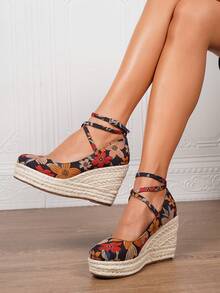 Women's Wedge & Platform Slip-On Espadrille Shoes, Black Round Toe Vacation Beach Woven Strap Sandals, Vacation Rope Bottom Elastic Band Paired With Women's Shoes - Multicolor - View 2