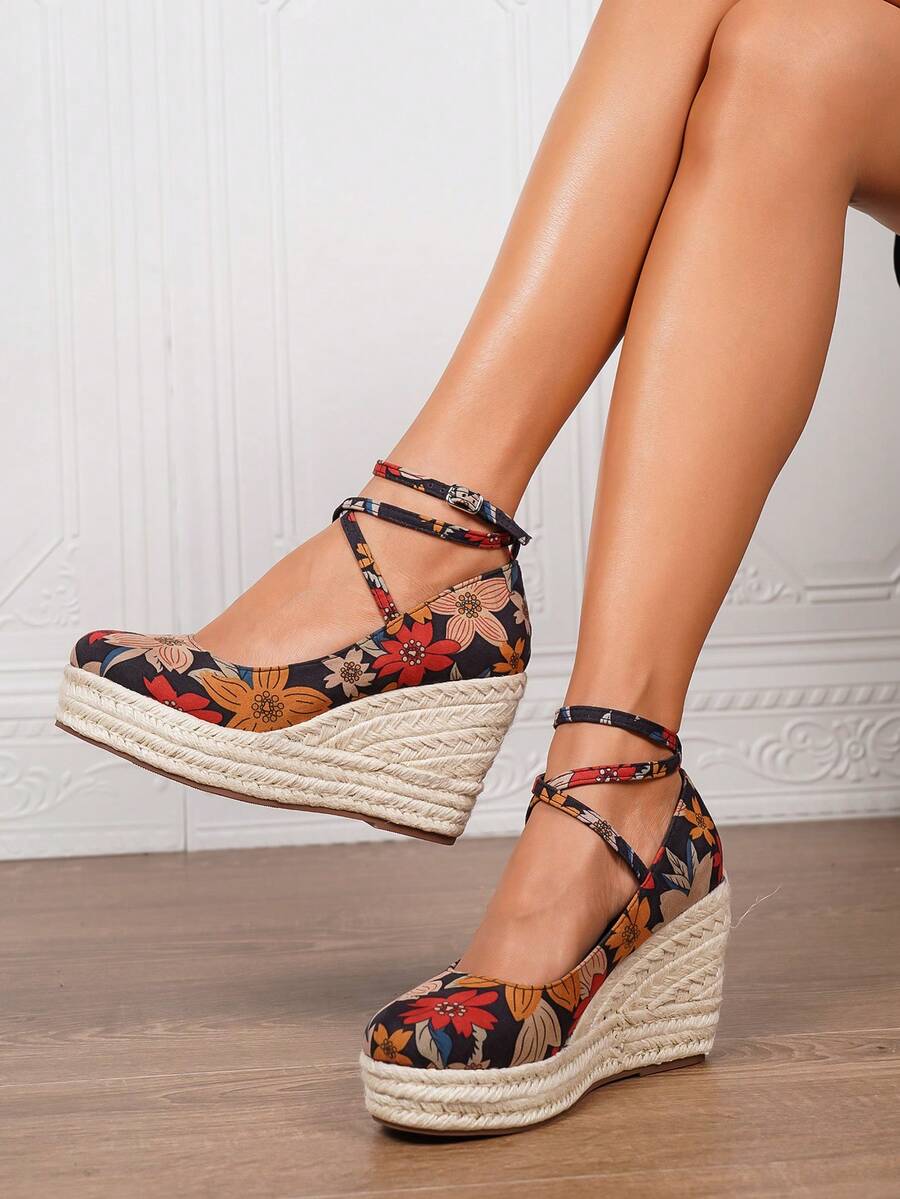 Women's Wedge & Platform Slip-On Espadrille Shoes, Black Round Toe Vacation Beach Woven Strap Sandals, Vacation Rope Bottom Elastic Band Paired With Women's Shoes