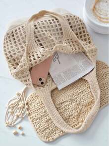 Summer New Fashion Women Daily Lightweight Hollow Turtle Pattern Knitted Tote Bag, Large Capacity Shoulder Bag, Suitable For Shopping, Travel, Outdoor And School. Multifunctional Storage Commuter Hobo Bag, Suitable For Beach Vacation Or Easy Carrying - Beige - View 6