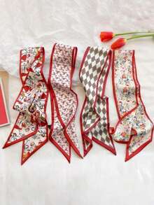 4件套女士法式红色花卉印花围巾发带，休闲优雅日常佩戴及礼品 - 彩色 - 查看 1