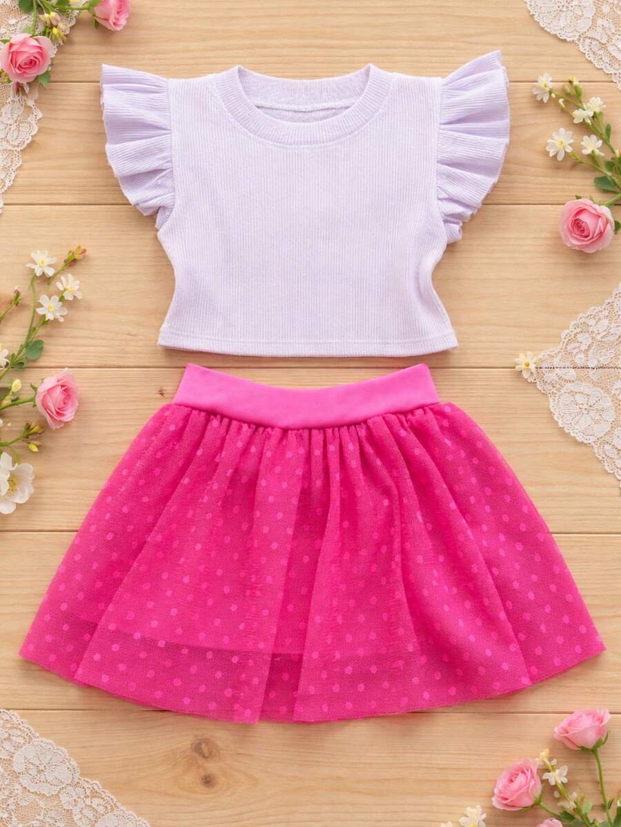 Girls' Outfit Set: Tulle Shorts Skirt With Ruffle And Cropped Top With Ruffled Frills, Pleated, Spring And Summer CJI043 - Pink and White - View 1