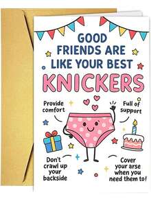 1张搞笑“好朋友就像你最好的内裤”生日贺卡，可爱卡通内裤设计，附赠红色信封，送给闺蜜/死党的理想礼物 - 18*13cm - 查看 9