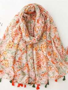 1pc Floral Print Casual Fashion Sunscreen Scarf, Beach Resort Windproof Sunshade Shawl, Daily Decorative Tassel Wrap - Multicolor - View 9