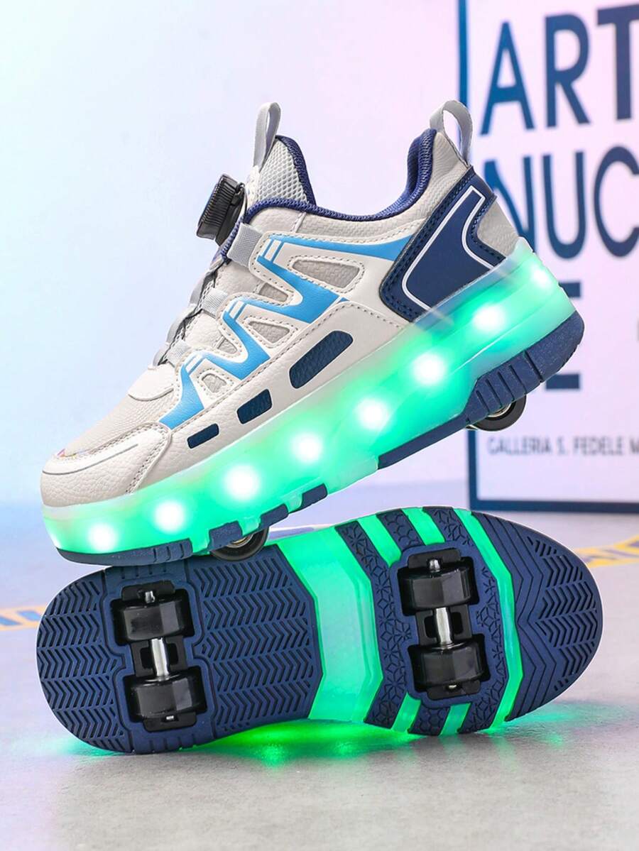 Youth LED Light Up Roller Skate Shoes, Wheels Retractable, All Season LED Lighting Wheels Sneakers, Fashionable Streetwear Style Plaid Skateboard Shoes With Hook And Loop And Rechargeable Lithium Polymer Battery, Outdoor Sports Low-Top Roller Skating Shoes With Breathable PU Upper And Durable TPR Sole - Mint Blue - View 1