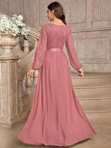 MIUSOL Elegant Floral Lace Deep V-Neck Lantern Sleeve Ruffle Hem Evening Maxi Dress Party Wedding Spring - Dusty Pink - View 3