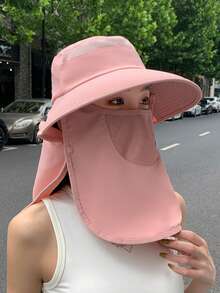 1 pieza Nuevo sombrero de chal con máscara facial, sombrero de sol de ala ancha anti-UV para mujer, sombrero de cubo versátil para cola de caballo - A - Ver 3