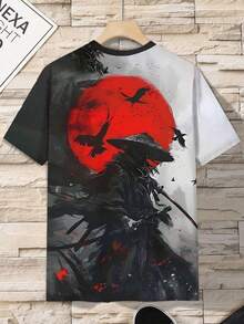 3D Digital Printed Japanese Samurai Design Plus Size T-Shirt For Men, Breathable Casual Sports Short Sleeve Tee Shirt, Summer, Grunge Style - Red - View 3