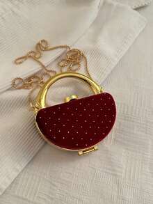 Velvet Rhinestone Embellished Luxury Fashion Mini Clutch Bag, Suitable For Evening Party, Date, Wedding, Holds Lipstick And Other Items - Burgundy - View 8