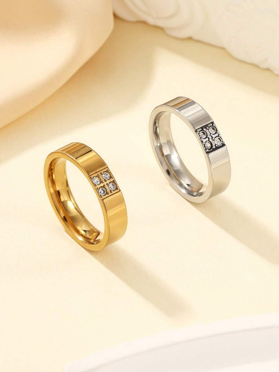 2 piezas Juego de anillos minimalistas de moda de acero inoxidable con baño de oro, incrustados con rhinestones blancos, adecuados para uso diario de mujeres o como regalo - Multicolor - Ver 1