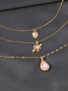 3pcs Sweet Pink Heart & Water Drop Pendant Necklace Set, Fashionable Layered Necklaces, Stainless Steel Choker Necklaces Suitable For Daily, Festival, Party Gift - Necklace Set - View 2