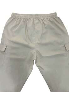 Men's Fashion Cargo Pants, Straight Leg, Elastic Waist, Multi-Pocket, Loose Fit, Solid Color, Side Embroidered Logo Long Pants - Beige - View 6