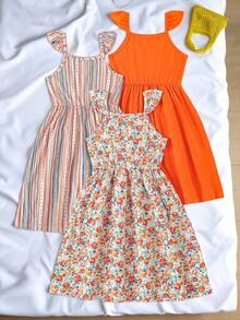 3pcs Set: Girls Fashionable Floral Striped & Solid Color Sleeveless Casual Dress - 彩色 - 查看 2