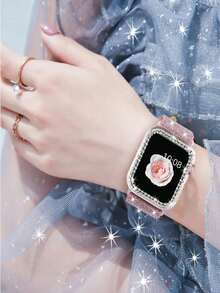 二合一玻璃表壳 + 闪亮弹力表带，兼容 表带 40mm 41mm 42mm 44mm 45mm 46mm，兼容 Series 11 10 9 8 7 6 5 4 3 SE，可调节尼龙腕带，搭配闪亮水钻表壳，专为女孩设计。 - 閃閃錶帶+閃閃錶殼 - 查看 9