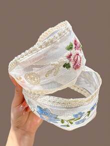 1/3件装 女士刺绣网纱蕾丝花朵发箍，小众设计，气质甜美发型，发带发饰 - 彩色 - 查看 2