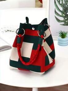 新款时尚女士手提包 - 多功能单肩包，带安全锁设计，大容量手提包，可作腕包、钱包、二合一收纳袋使用，适合旅行、户外、通勤和日常使用，耐用手柄，时尚配饰，新款INS风编织手提包，时尚白色锥形购物/摄影水桶包，节日礼物，购物袋，化妆品收纳袋 - 彩色 - 查看 5