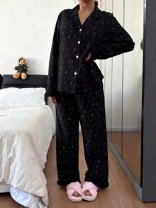 Dreamivo Black Floral Print Ruffle Trim Women Long Sleeve Pajama Set - Black - View 3